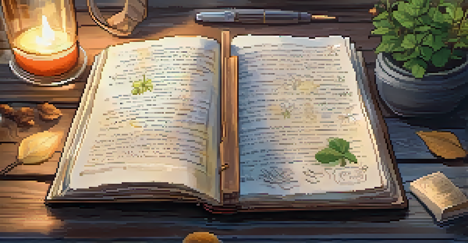 A journal with handwritten notes and a cup of tea on a wooden table, showcasing a peaceful and introspective environment.