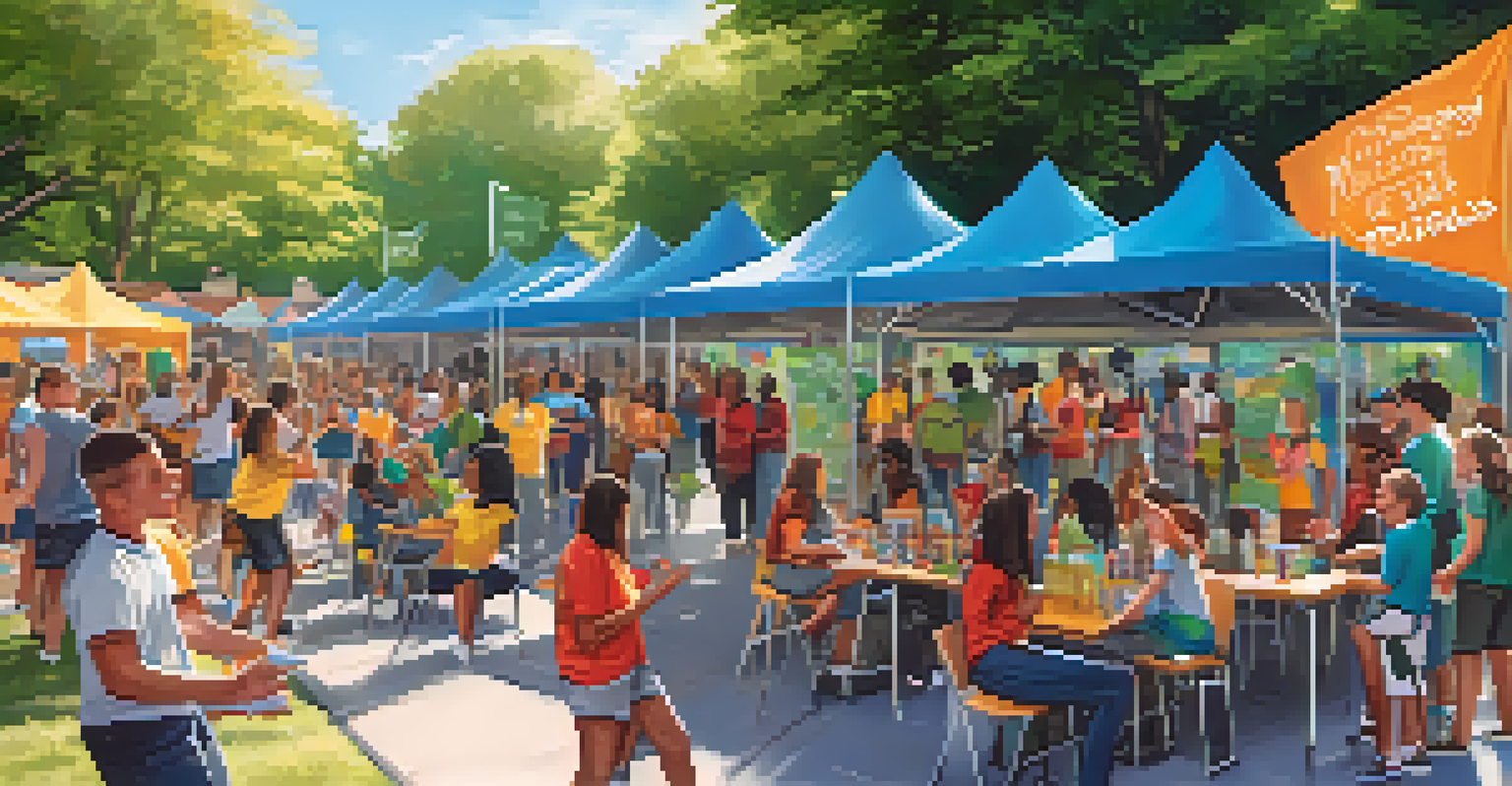 An outdoor school event with students engaging in mental health awareness activities, surrounded by colorful booths and banners in a sunny setting.