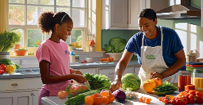 A caregiver and an adolescent cooking together in a bright kitchen, surrounded by fresh ingredients.