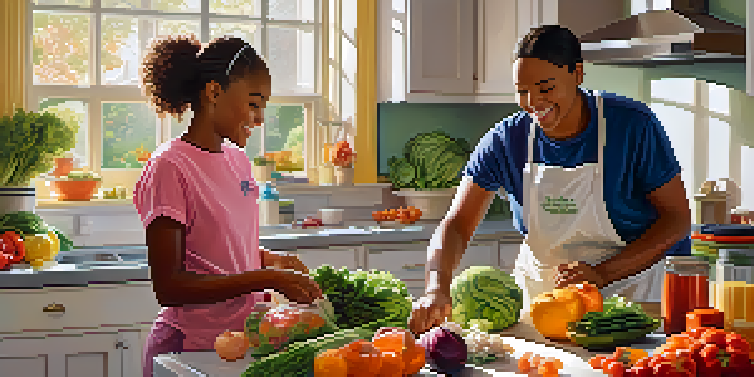 A caregiver and an adolescent cooking together in a bright kitchen, surrounded by fresh ingredients.