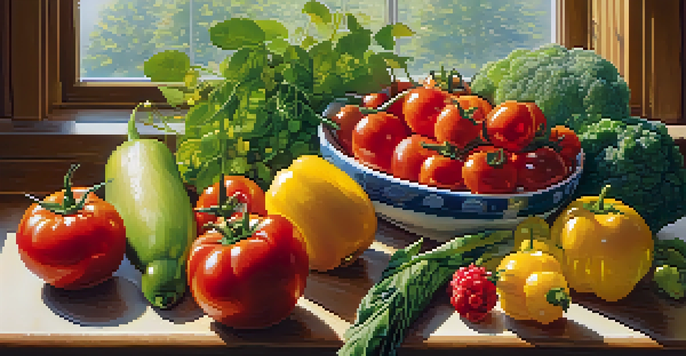 A spread of fresh fruits and vegetables on a kitchen table, illuminated by sunlight, showcasing a healthy diet.