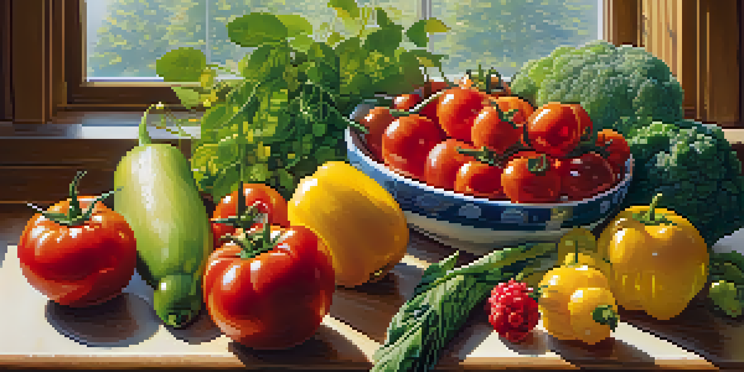 A spread of fresh fruits and vegetables on a kitchen table, illuminated by sunlight, showcasing a healthy diet.