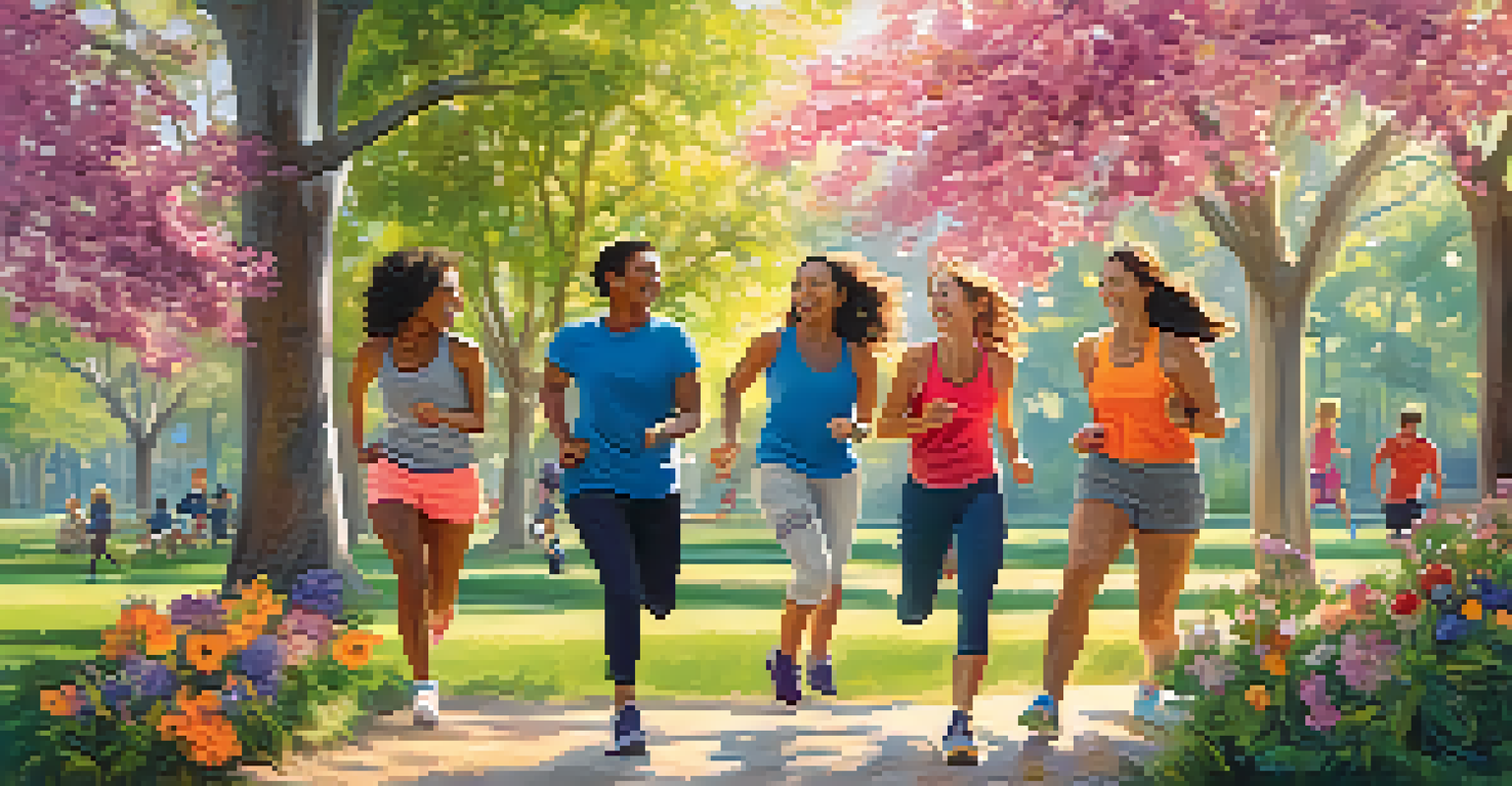 A group of friends exercising together in a park, surrounded by blooming flowers and trees.