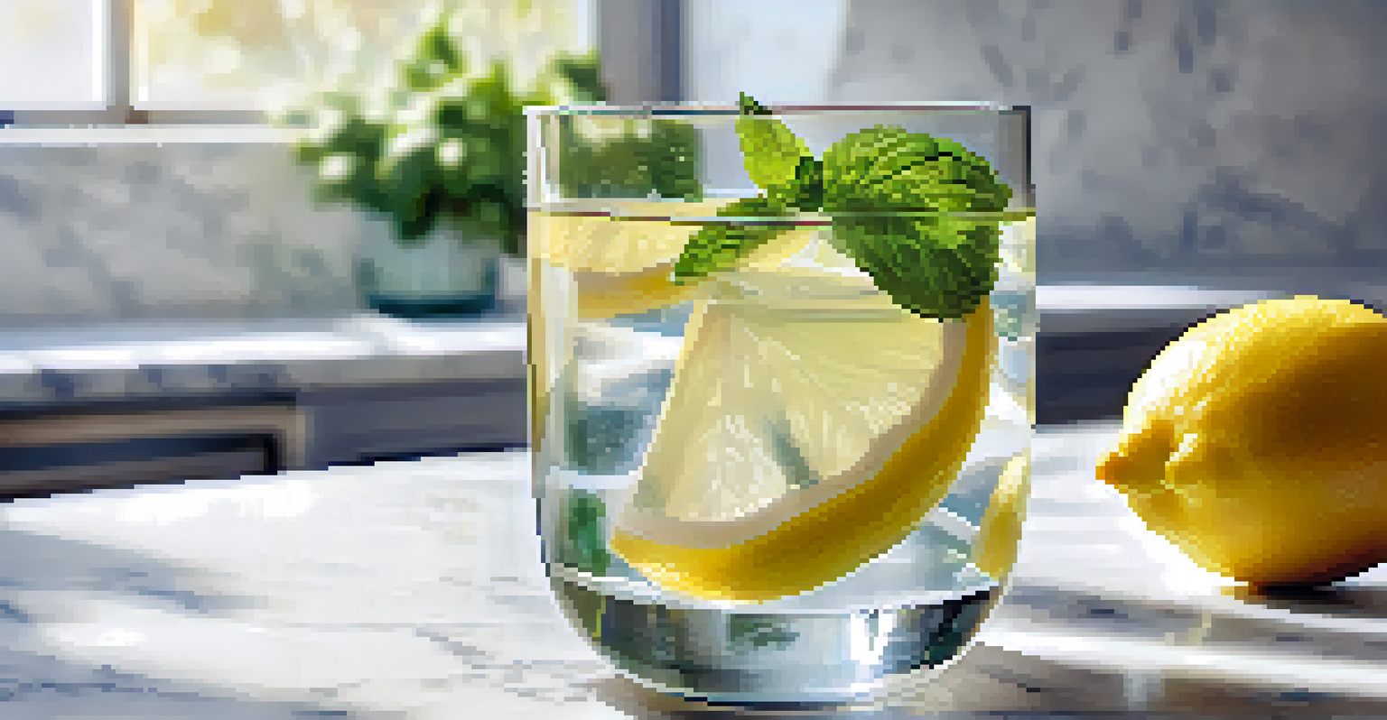 A close-up of a glass of water infused with lemon and mint on a marble countertop, with fruits and vegetables blurred in the background.