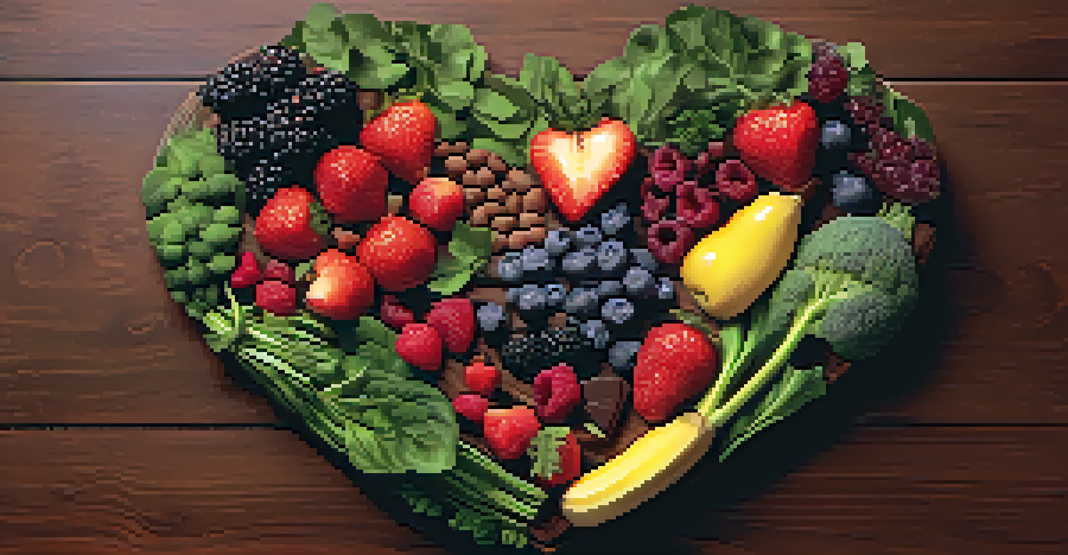 A heart shape made of antioxidant-rich foods like berries and leafy greens, displayed on a wooden background.