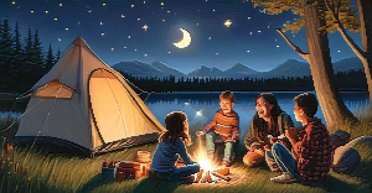 A family camping under the stars with a campfire, roasting marshmallows, and enjoying the night.