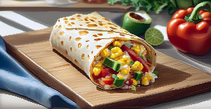A breakfast burrito filled with scrambled eggs, cheese, and bell peppers on a wooden cutting board, with salsa and avocado slices.