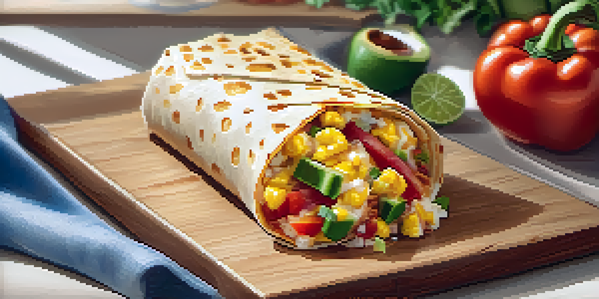 A breakfast burrito filled with scrambled eggs, cheese, and bell peppers on a wooden cutting board, with salsa and avocado slices.