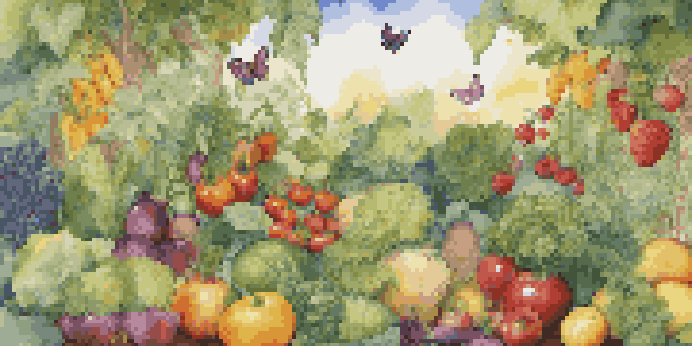 A colorful garden with various fruits and vegetables, representing healthy gut microbiome support.