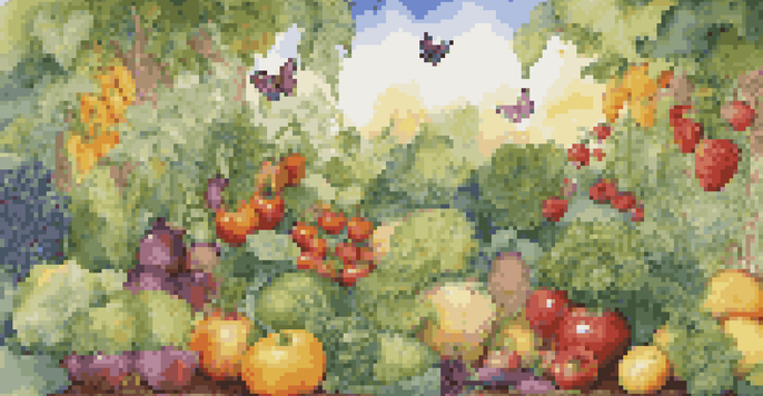 A colorful garden with various fruits and vegetables, representing healthy gut microbiome support.