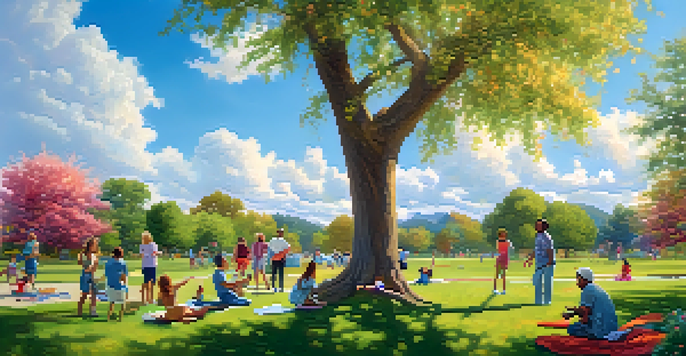 A diverse group of adults playing frisbee, painting, and making music in a sunny park filled with green grass and colorful flowers.