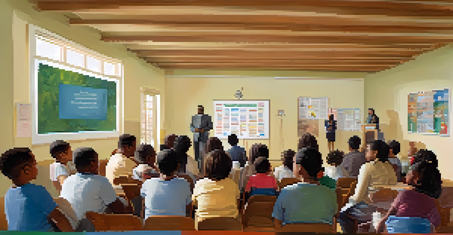 A community leader presenting an educational workshop about vaccinations in a welcoming community center, with families listening attentively.