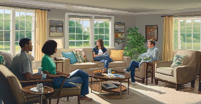 A family sitting in a living room, engaged in a discussion with one person speaking and others listening attentively.