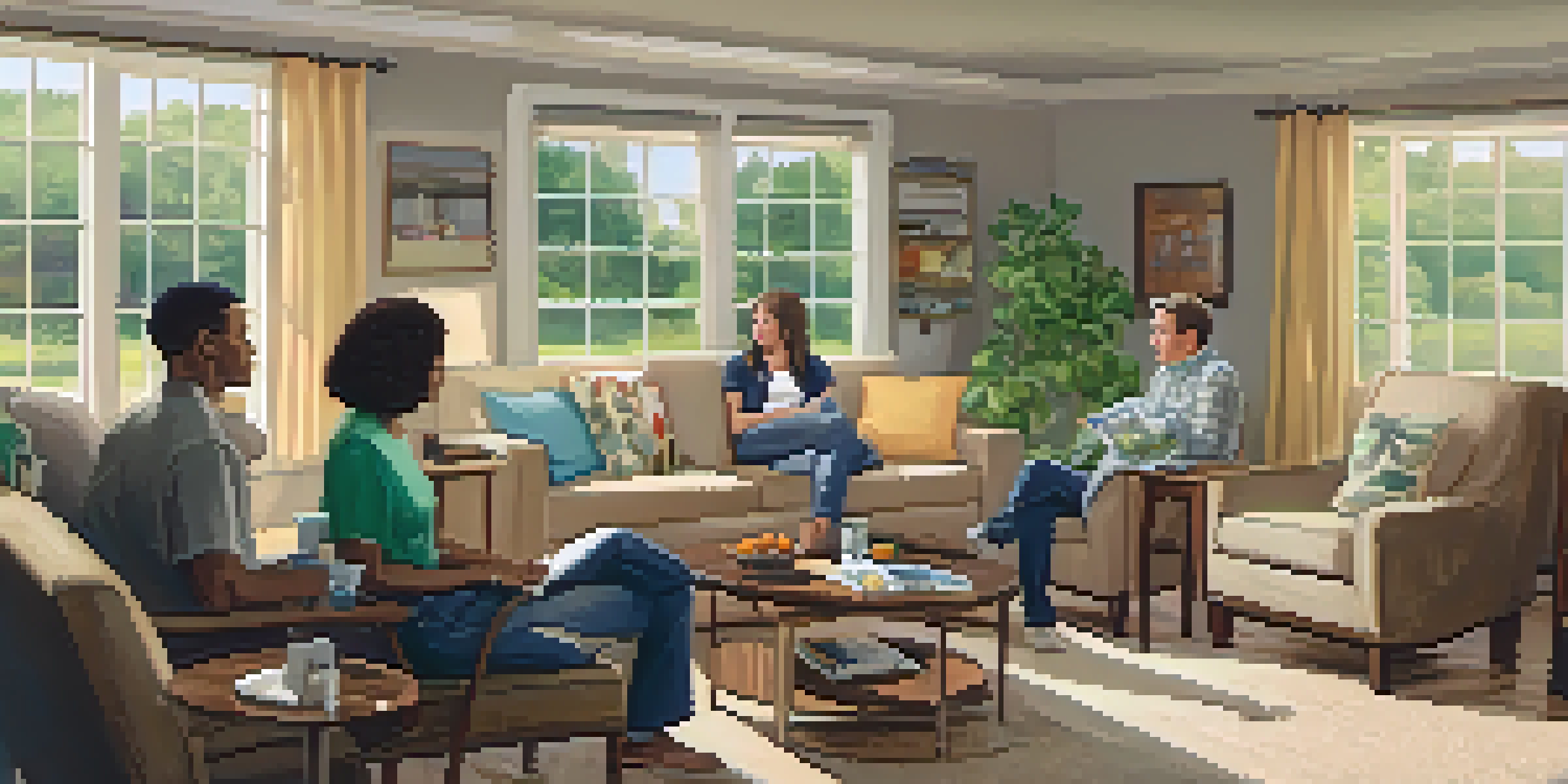 A family sitting in a living room, engaged in a discussion with one person speaking and others listening attentively.
