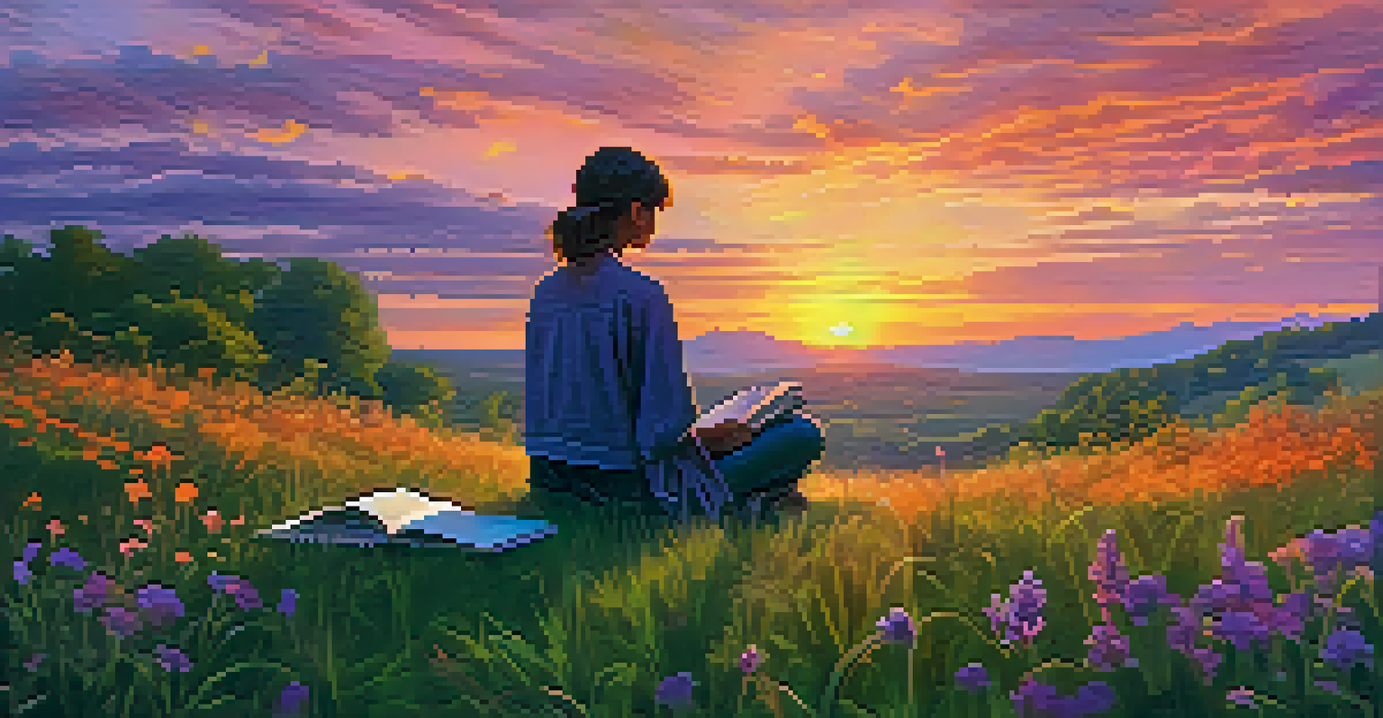 A person writing in a journal while sitting on grass, with a colorful sunset and wildflowers around them.