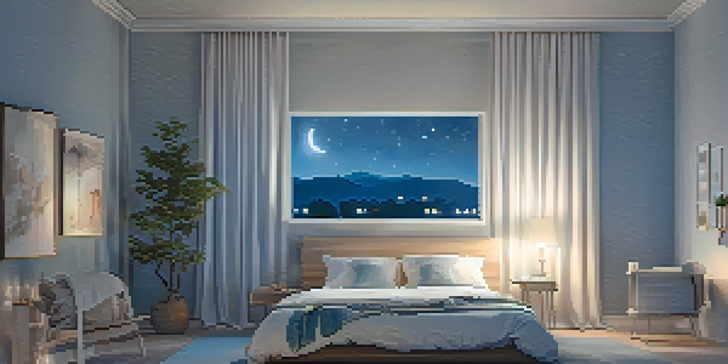A peaceful bedroom with a person sleeping in a cozy bed, soft lighting, and a night sky visible through the window.