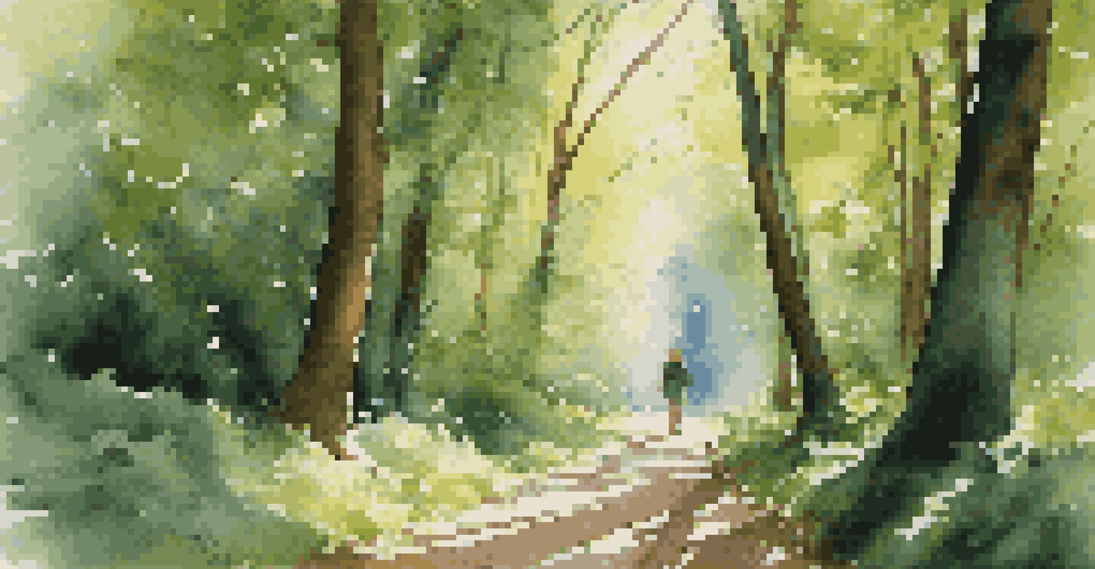 A quiet forest path with tall trees and sunlight filtering through the leaves, featuring a lone figure walking peacefully.