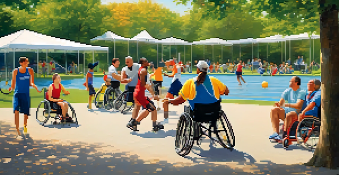 A diverse group of individuals with disabilities engaging in adaptive sports like wheelchair basketball and sailing in a sunny park, showcasing joy and determination.