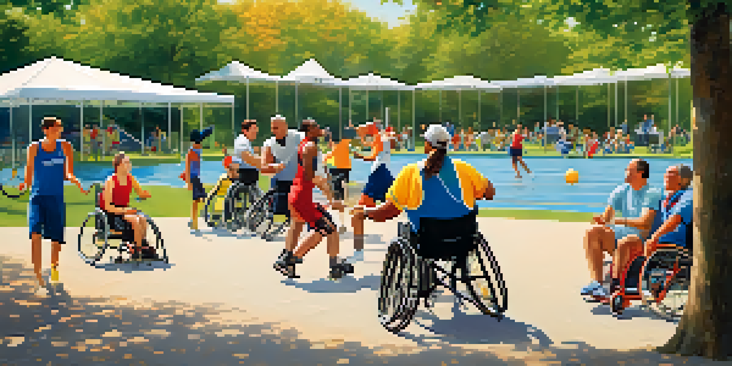A diverse group of individuals with disabilities engaging in adaptive sports like wheelchair basketball and sailing in a sunny park, showcasing joy and determination.
