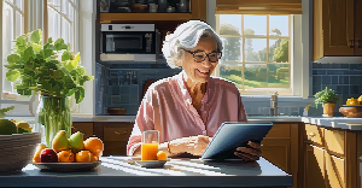 An elderly woman happily using a tablet at a modern kitchen table with fresh fruits.