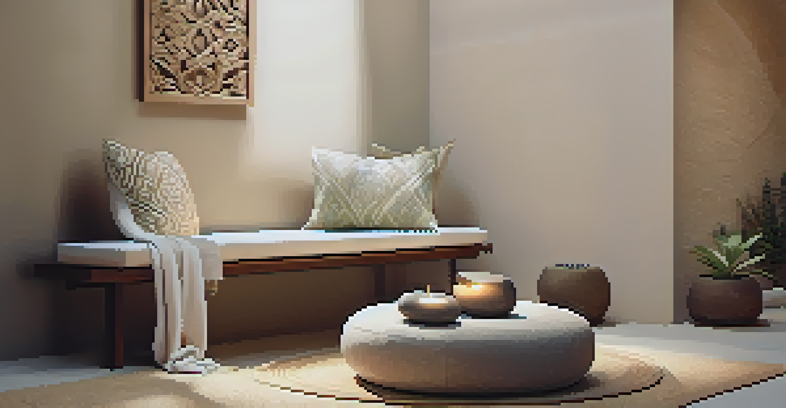 A peaceful meditation corner with a wooden bench, soft pillows, and natural decor.