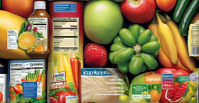 A detailed close-up of a food label next to fresh fruits and vegetables, showcasing nutrition facts and ingredients.