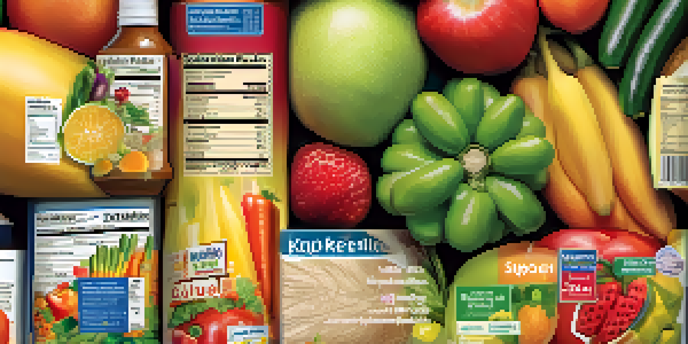 A detailed close-up of a food label next to fresh fruits and vegetables, showcasing nutrition facts and ingredients.