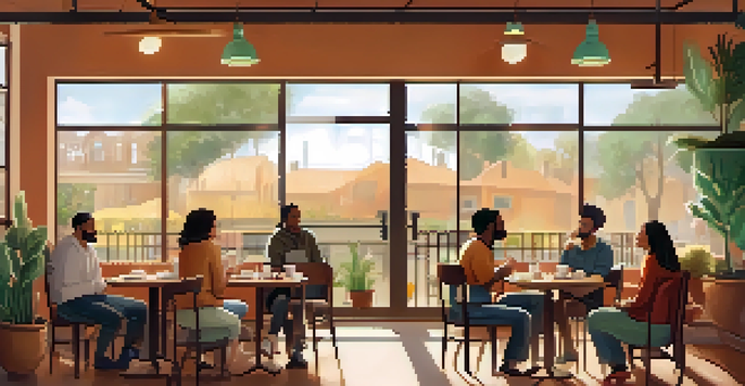 A diverse group of people in a coffee shop discussing mental health, surrounded by warm colors and soft lighting.