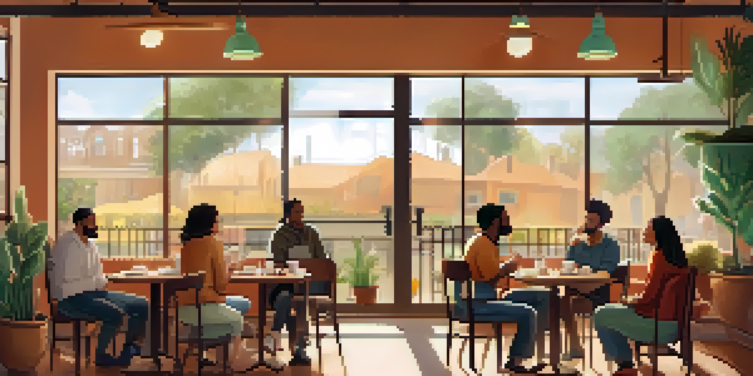 A diverse group of people in a coffee shop discussing mental health, surrounded by warm colors and soft lighting.
