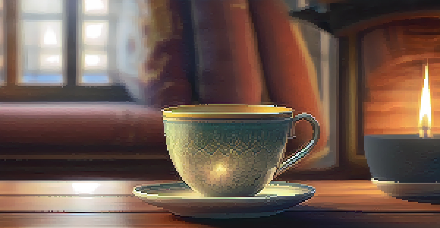 A hand holding a steaming cup of tea on a wooden table in a cozy room with cushions and a lit candle in the background.
