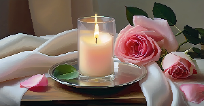 A calming scene with a wooden table, a glass diffuser misting rose oil, fresh rose petals, a lit candle, and soft pastel fabrics under warm lighting.