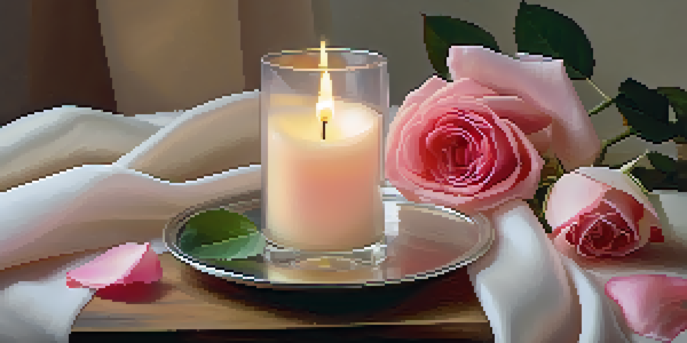 A calming scene with a wooden table, a glass diffuser misting rose oil, fresh rose petals, a lit candle, and soft pastel fabrics under warm lighting.