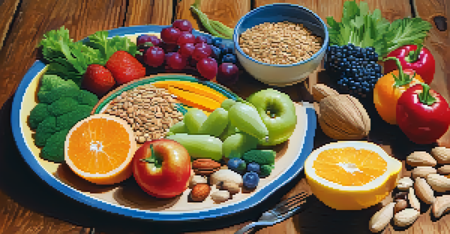 A colorful plate of fresh fruits, vegetables, whole grains, and nuts on a rustic table, symbolizing healthy nutrition.
