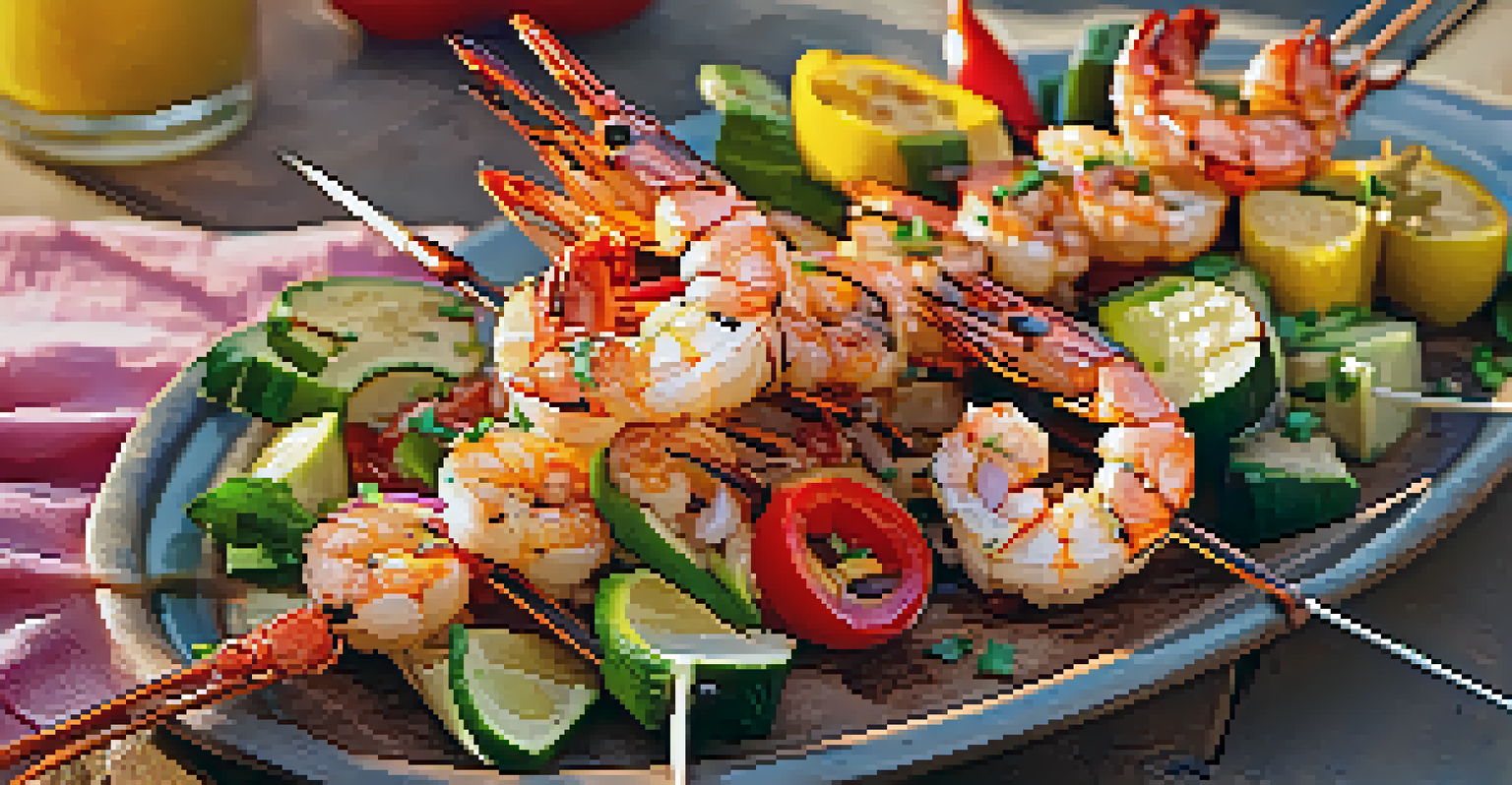 Grilled shrimp skewers with zucchini and bell peppers on a grill, served with couscous and tzatziki sauce in a rustic outdoor setting.