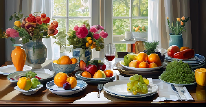 A serene dining table with colorful fruits and vegetables, soft natural lighting, and fresh flowers, creating a calming atmosphere.