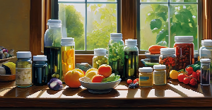 A bright kitchen with colorful dietary supplement bottles next to fresh fruits and vegetables, illuminated by sunlight.