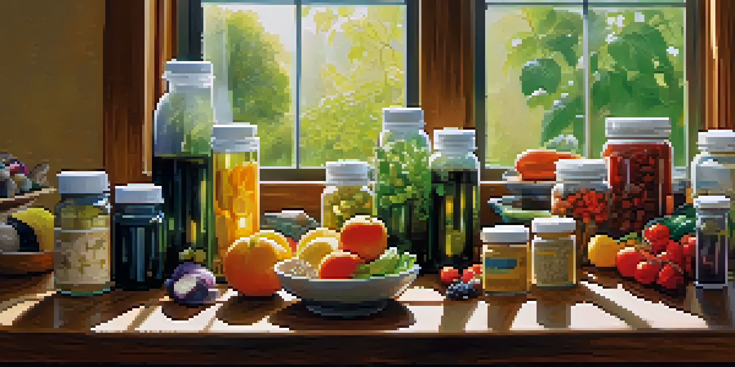 A bright kitchen with colorful dietary supplement bottles next to fresh fruits and vegetables, illuminated by sunlight.