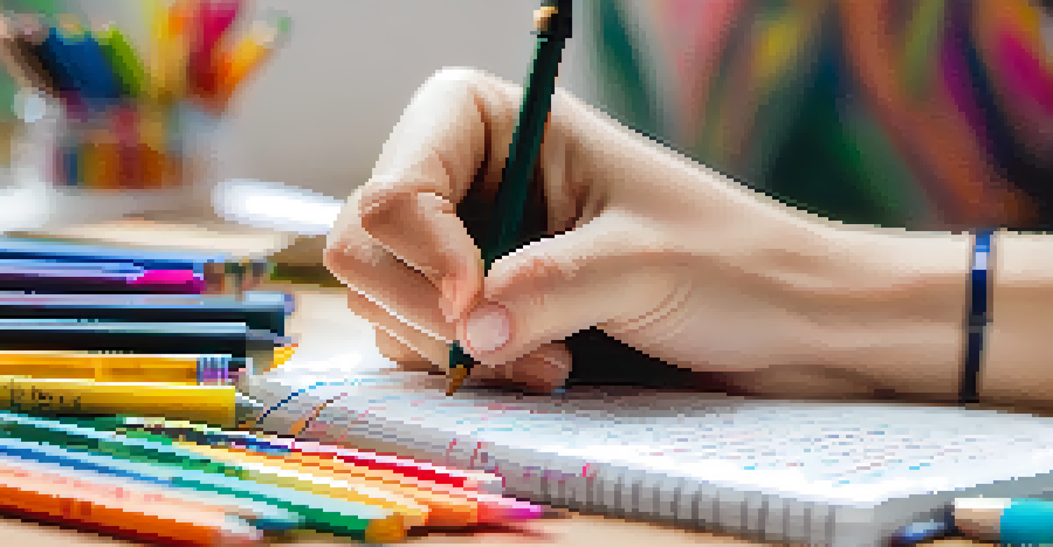 A close-up of a hand writing in a colorful journal, surrounded by art supplies and doodles on the page.