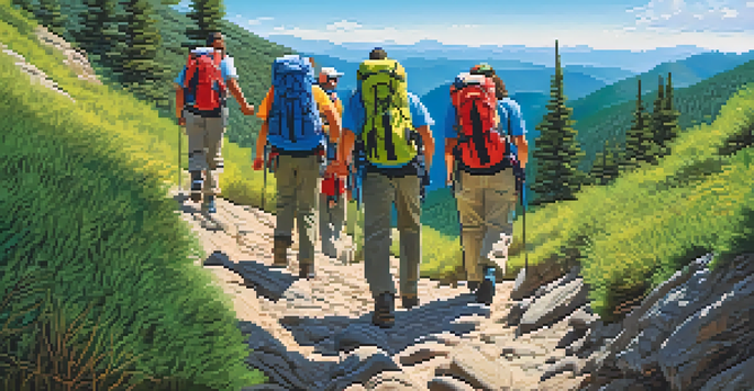 A diverse group of people hiking together on a mountain trail surrounded by greenery and a clear sky, showcasing teamwork and camaraderie.