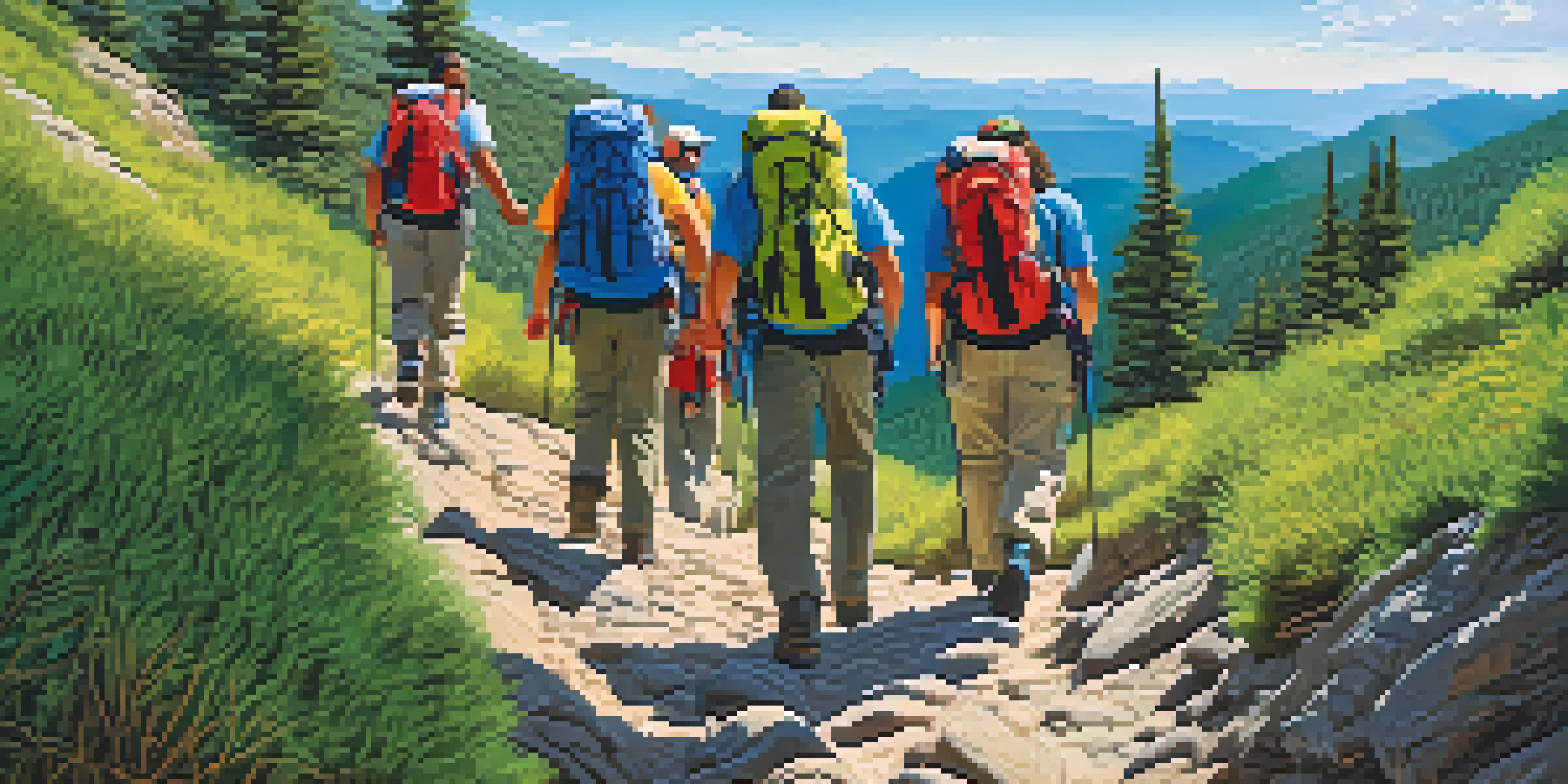 A diverse group of people hiking together on a mountain trail surrounded by greenery and a clear sky, showcasing teamwork and camaraderie.