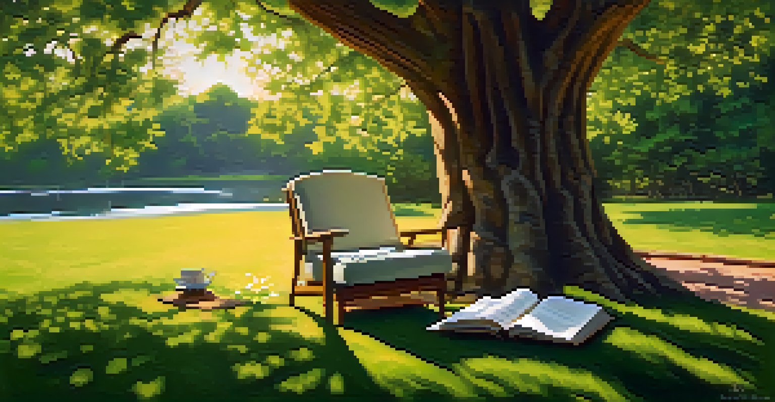 A cozy outdoor reading nook under a tree with a chair, tea, and an open book, surrounded by greenery and flowers.
