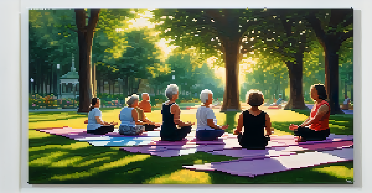Seniors practicing yoga in a tranquil park, with trees and flowers around as the sun sets.