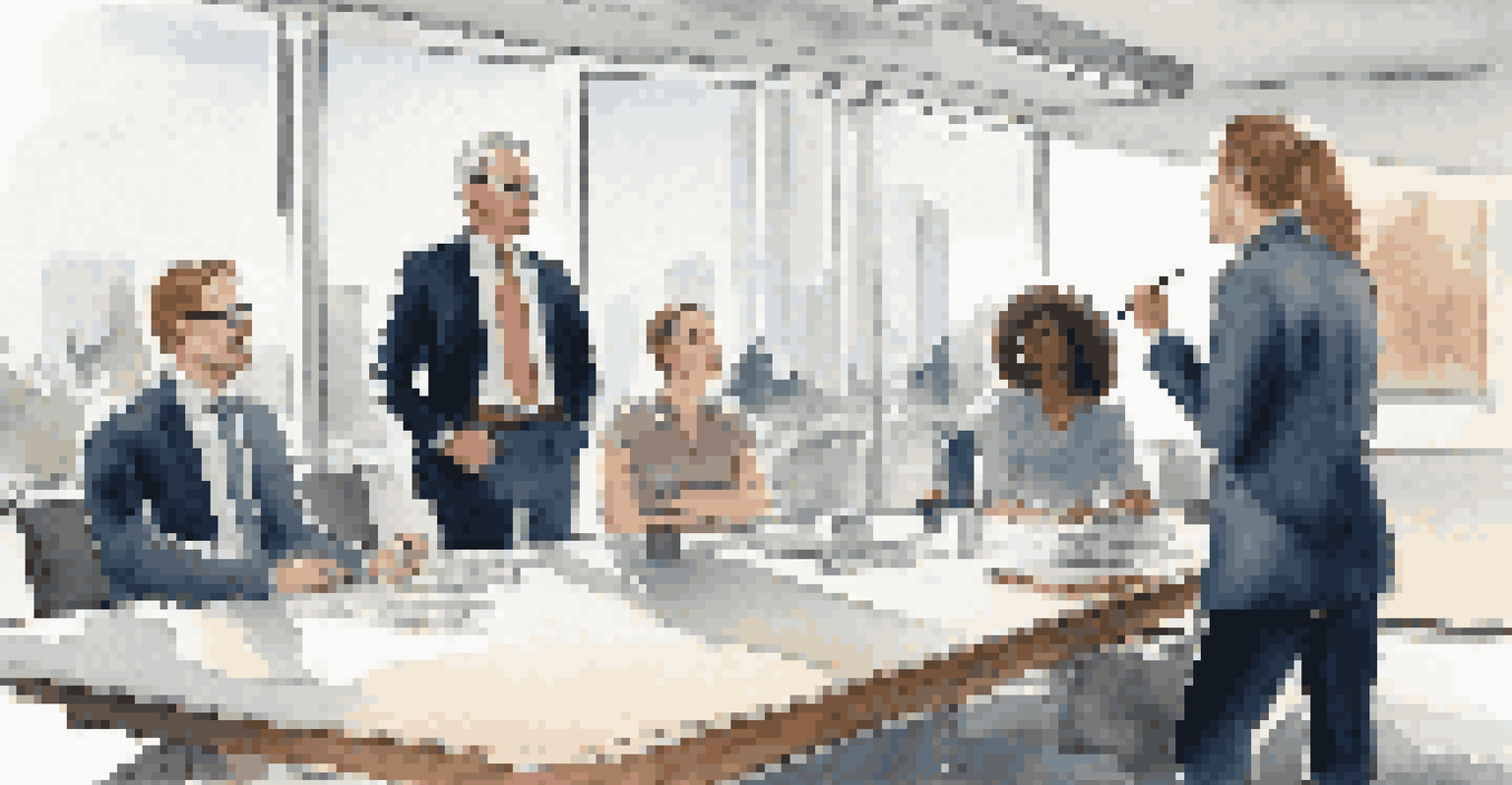 A leader speaking to a diverse team in a modern office, promoting openness and self-compassion during a meeting.