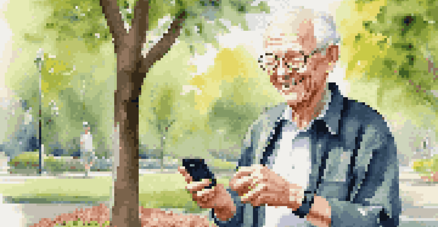 An elderly man checking his fitness tracker while walking in a picturesque park.