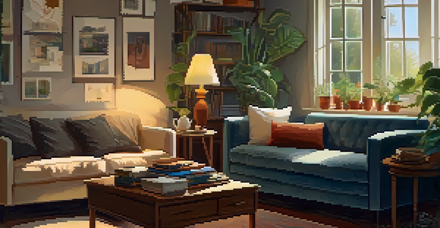 A man reading a book on a sofa in a cozy living room with soft lighting.