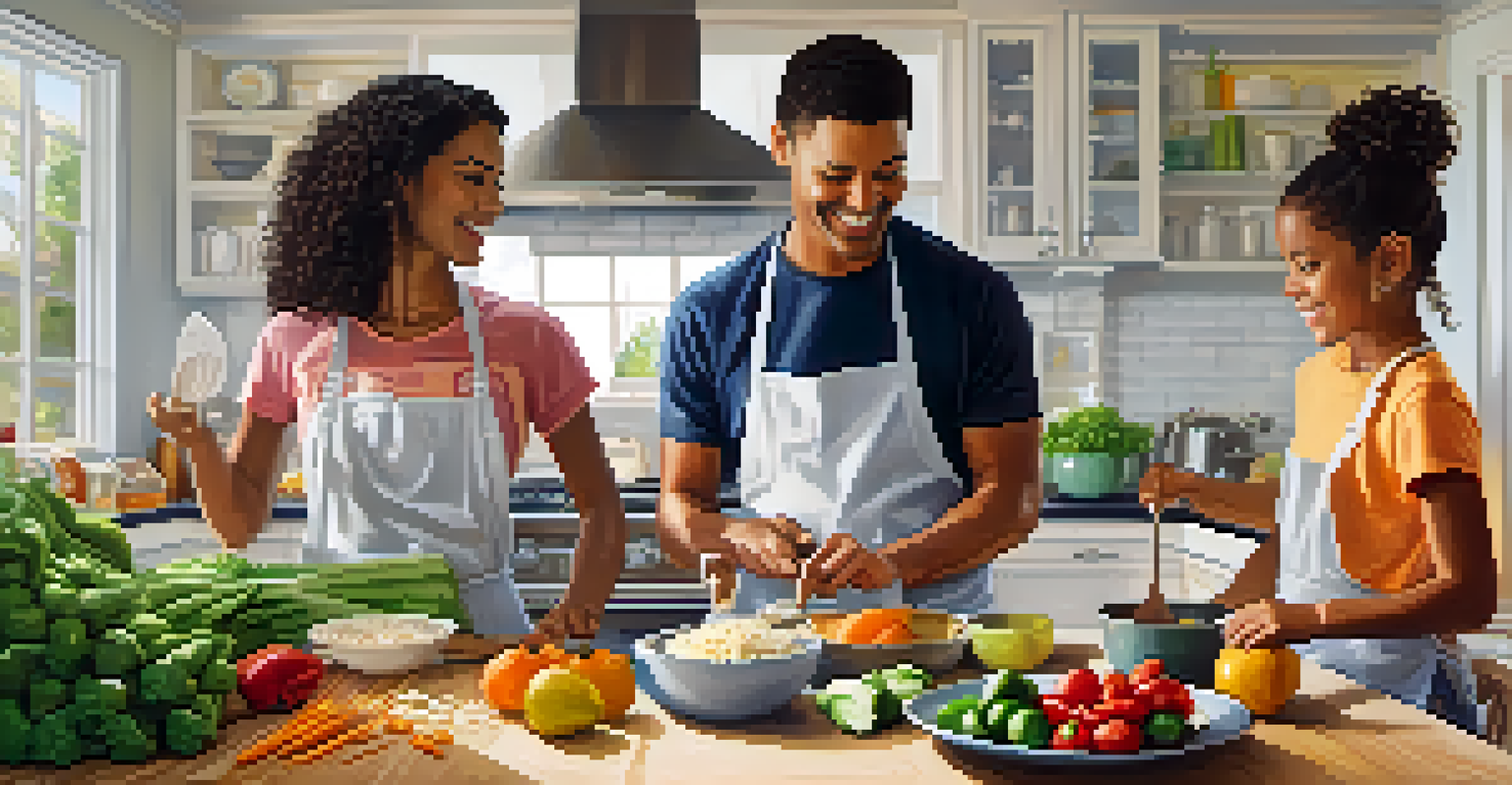 A family working together in a kitchen to prepare a healthy meal, surrounded by fresh ingredients.