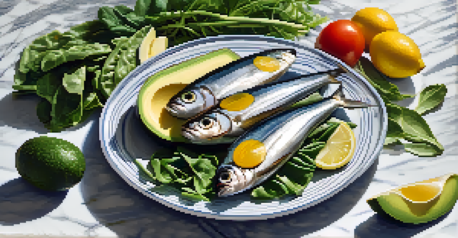 A display of sardines, avocado, and leafy greens on a marble surface.