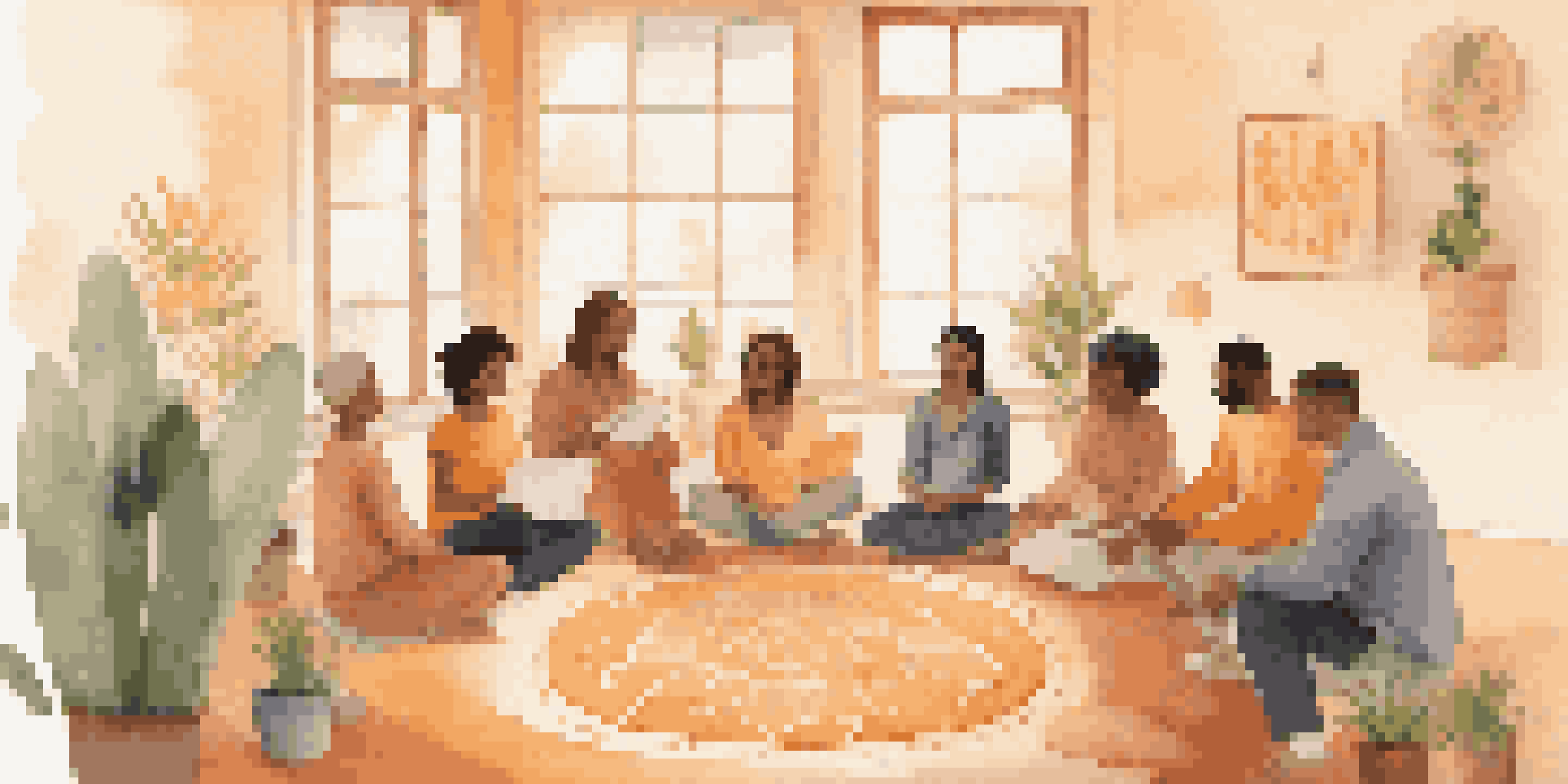 A group of diverse individuals sitting in a cozy room, engaged in a wellness coaching session with notebooks in hand and plants around them.