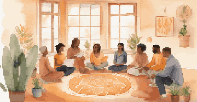 A group of diverse individuals sitting in a cozy room, engaged in a wellness coaching session with notebooks in hand and plants around them.
