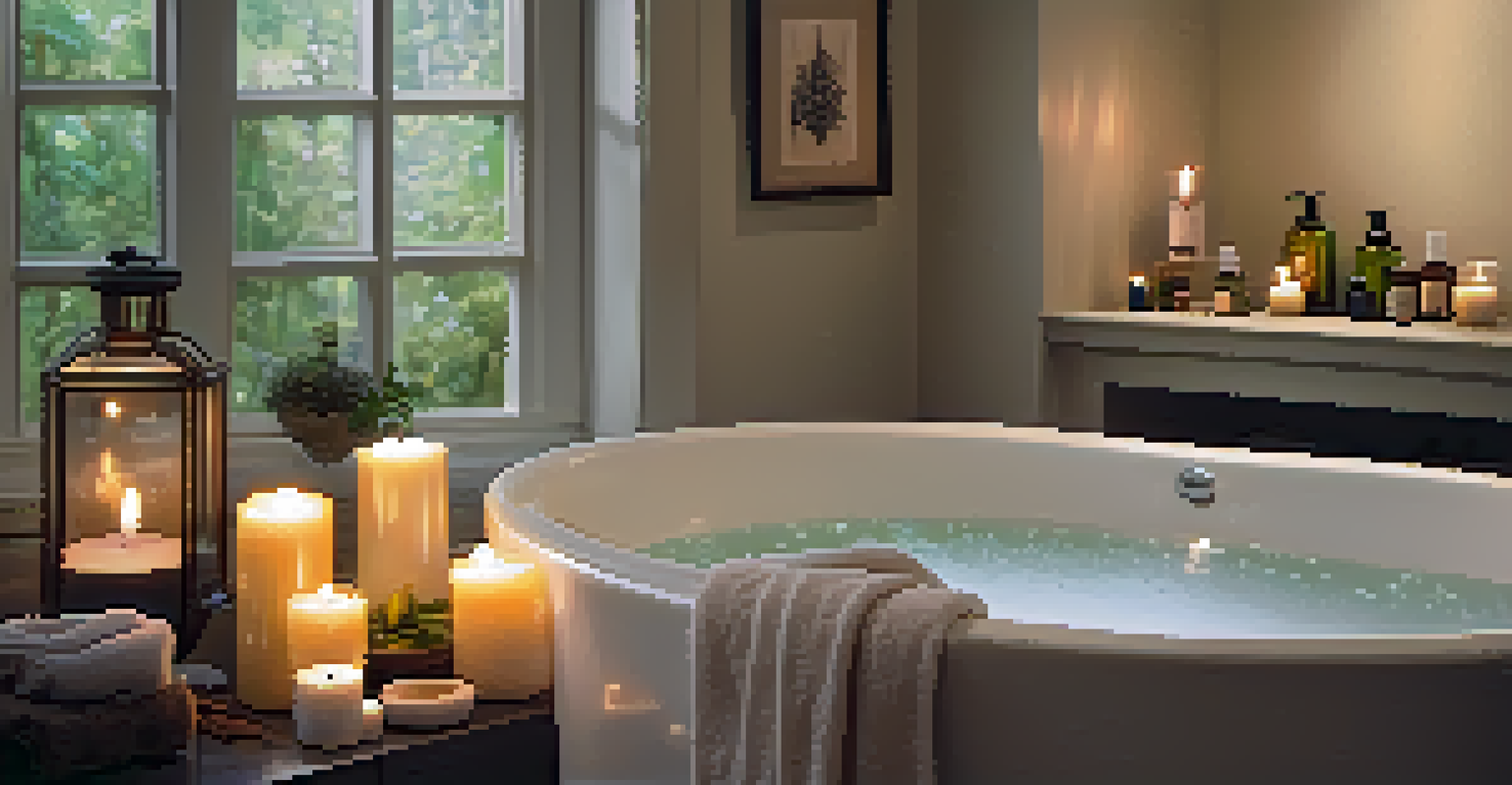 A relaxing bathroom scene with a bubble-filled bathtub and essential oils displayed.